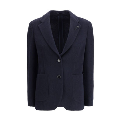 Lardini Blue Wool Blazer with flower-shaped pin, single-breasted design, and patch pockets for a refined yet casual look.