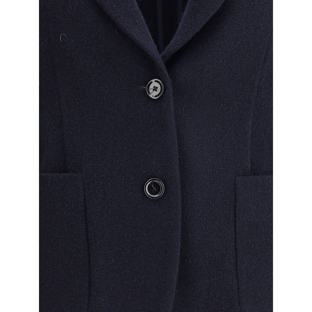 Lardini Blue Wool Blazer with single-breasted button closure and patch pockets, featuring iconic flower-shaped pin.