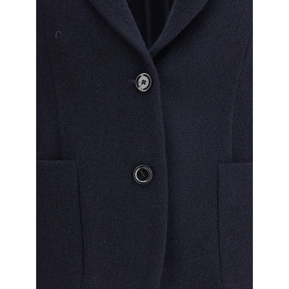 Lardini Blue Wool Blazer with single-breasted button closure and patch pockets, featuring iconic flower-shaped pin.