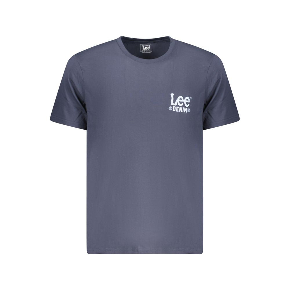 Lee Blue Cotton Men T-Shirt with short sleeves and crew neck, featuring the Lee logo on a vivid blue background, made from 100% cotton.