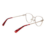 Longchamp Pink Women Glasses Frame in rose metal, full-rim cat eye style, demo lenses, size 54-16-140, with red temple accents.