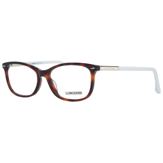 Longines Brown Women Glasses Frame with full-rim acetate design and demo lenses, size 54-16-140, includes branded case.