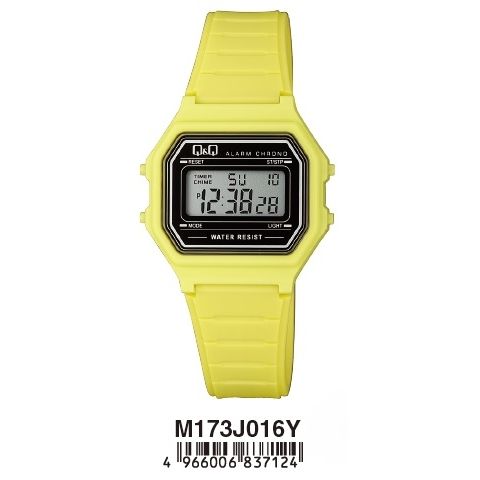 Q&Q Mod. DIGITAL ALARM CHRONO unisex yellow quartz wristwatch with multifunction features, plastic strap, water resistant, in official box.