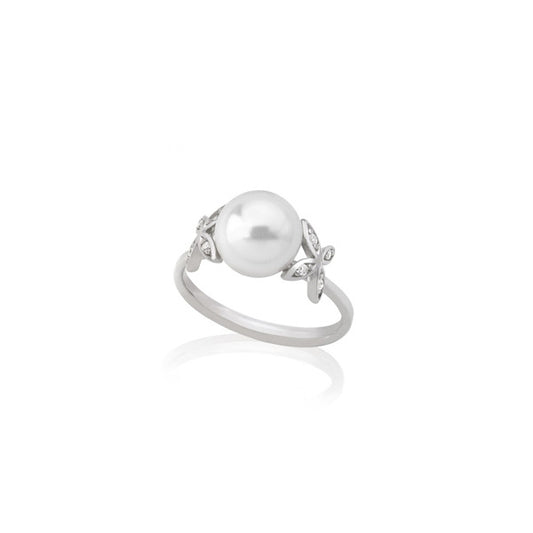 MAJORICA JEWELRY Mod. 16043.01.2.913.010.1 elegant pearl ring with delicate silver band and floral design accents
