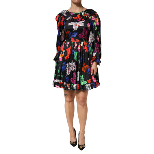 MSGM Dress Black Multicolor Floral Ruffle Long Sleeve Mini Dress with vibrant print and ruffle details on a black base.