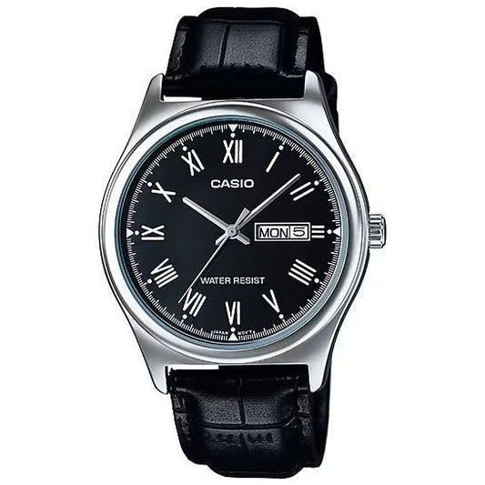 CASIO COLLECTION Mod. DAY DATE. ROMAN INDEXES. LEATHER - BLACK MTP-V006L-1BUDF