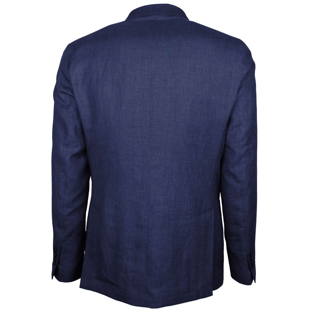 Back view of Made in Italy Blue Linen Blazer with double-breasted design and peaked lapels, crafted from Loro Piana fabric.