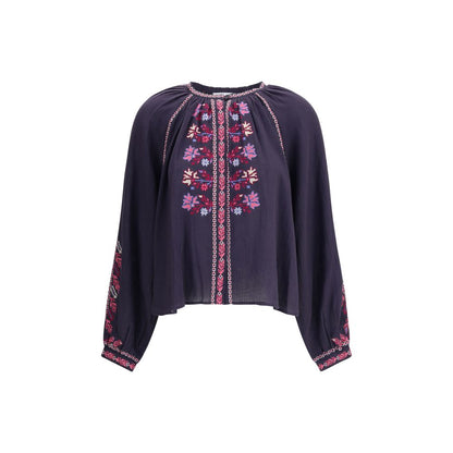 Marant Etoile Blue Cotton Blouse with embroidery, featuring raglan sleeves and concealed button closure for a boho-chic look.