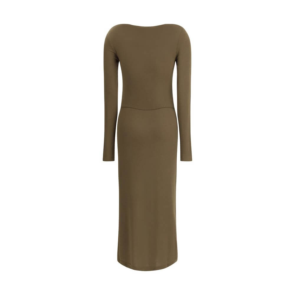 Marant Etoile Green Modal Casual Dress with elegant draping, fitted long cut, round neckline, long sleeves, and front slit for femininity.