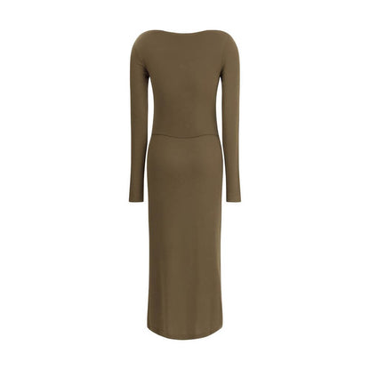 Marant Etoile Green Modal Casual Dress with elegant draping, fitted long cut, round neckline, long sleeves, and front slit for femininity.