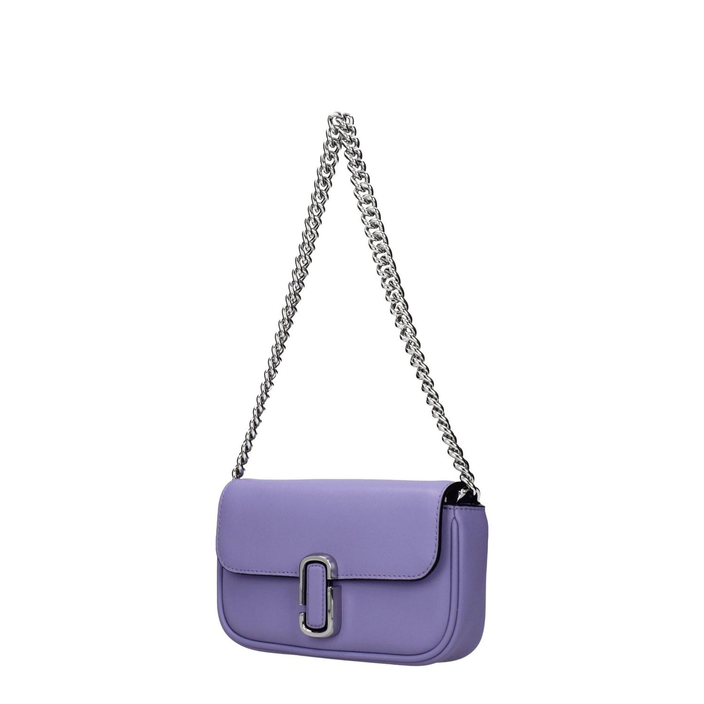 Marc Jacobs Purple Leather Crossbody Bag with chain strap, featuring front and back logo, and adjustable removable shoulder strap.