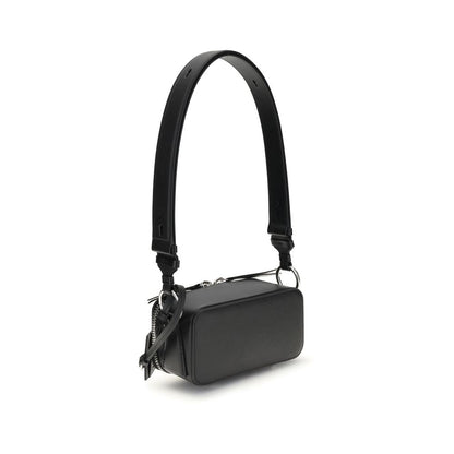 Margiela Black Calf Leather Bos Taurus Shoulder Bag with adjustable strap and four-stitch logo, showcases elegant design and functionality.