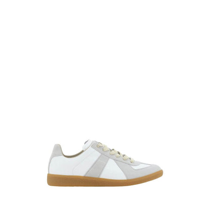 Margiela White Rubber Low Top Sneakers with suede detailing and gum sole, featuring lace-up design and logoed press-stud tab.