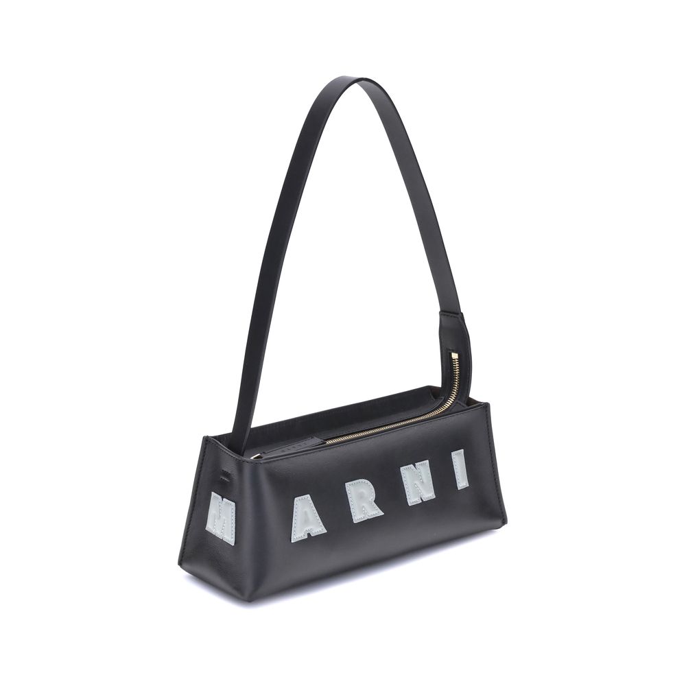 Marni Black Calf Leather Bos Taurus Shoulder Bag with stitched logo and zipper closure, sized 28x28x9, elegant design for everyday style.