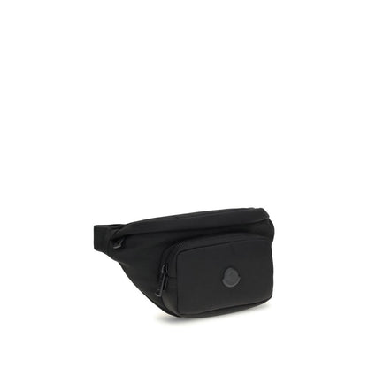 Moncler Black Nylon Clutch Bag with leather trim, adjustable belt, zippered pockets, and metal logo for a refined look.
