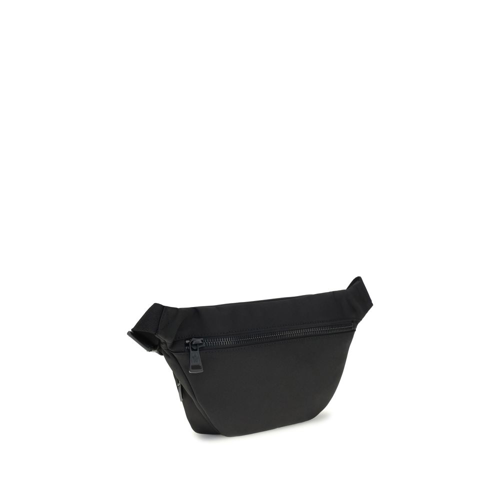 Moncler Black Nylon Clutch Bag with adjustable belt, leather trim, zippered closure, and metal logo for a refined look.