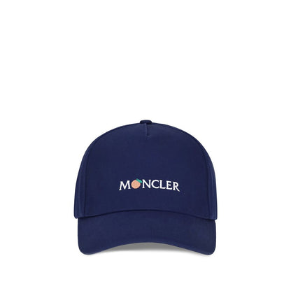 Moncler x Donald Glover Blue Cotton Cap (Baseball Hat) featuring creative logo reinterpretation, durable gabardine, essential AW25 accessory.