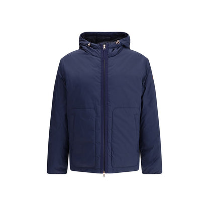 Moncler x Donald Glover Blue Goose Down Full-Length Jacket with adjustable hood and logo patch, crafted from cotton and nylon blend.
