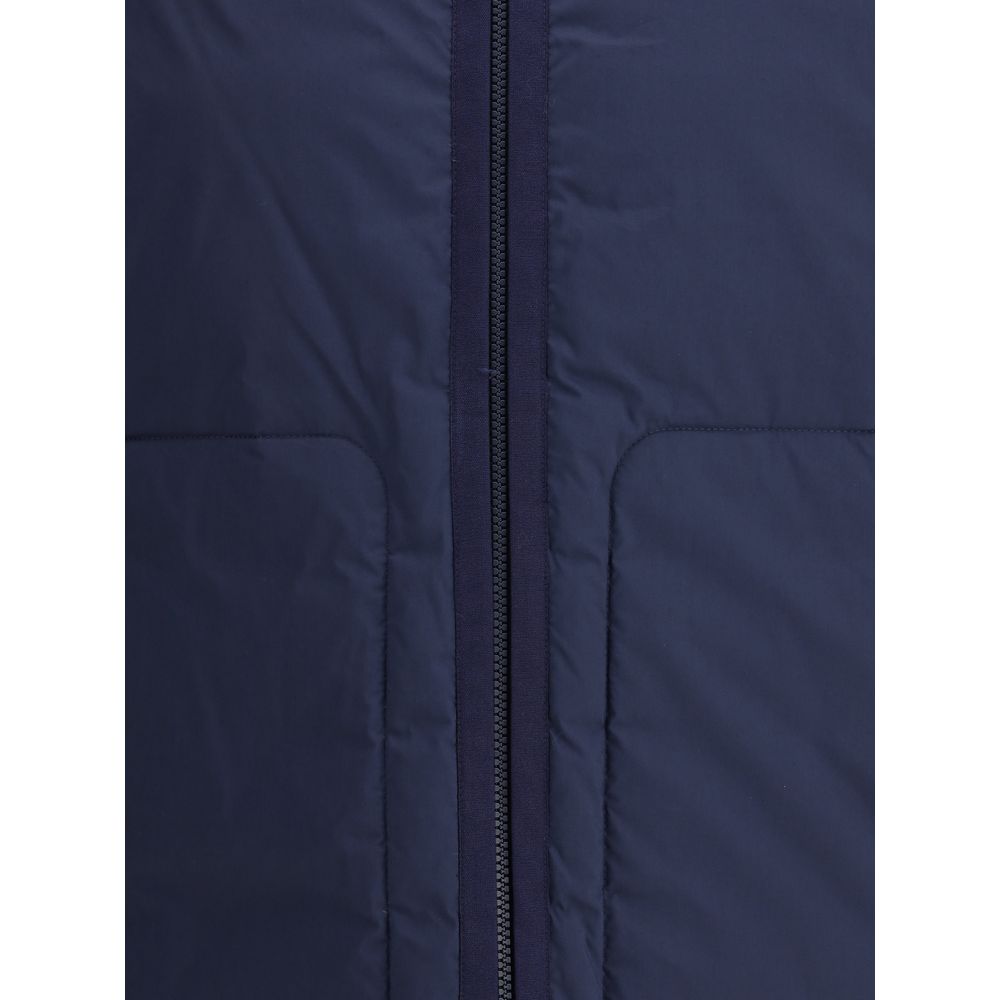 Close-up of Moncler x Donald Glover Blue Goose Down Full-Length Jacket showing front zip fastening and quilting detail.