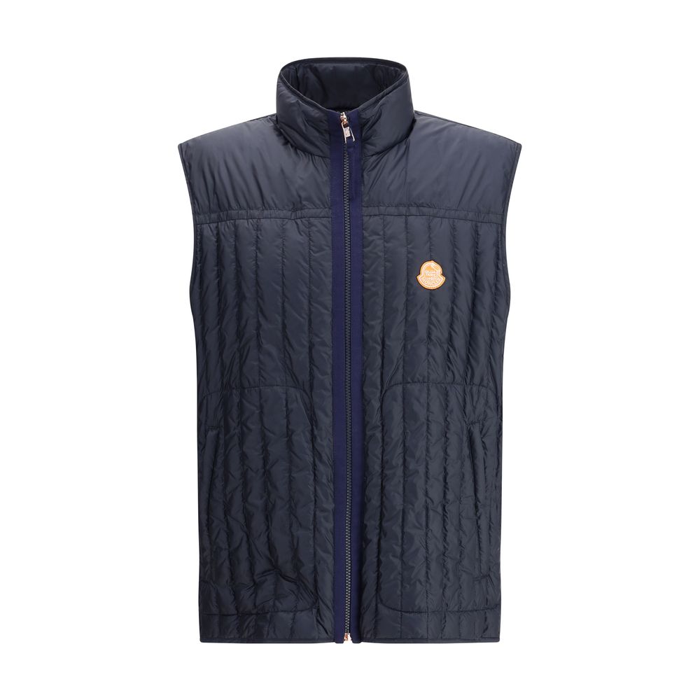 Moncler x Donald Glover Blue Polyamide Sleveless Jacket with vertical quilting and front zip closure.