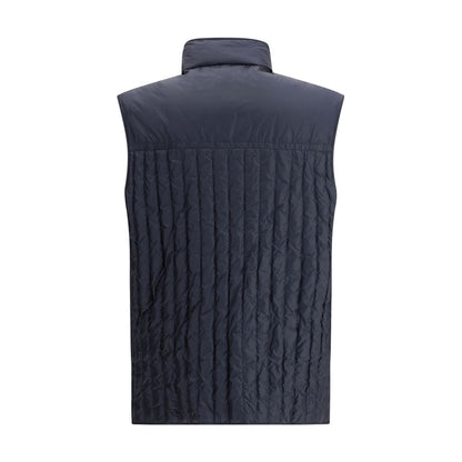 Back view of Moncler x Donald Glover Blue Polyamide Sleeveless Jacket with vertical quilting and lightweight design.