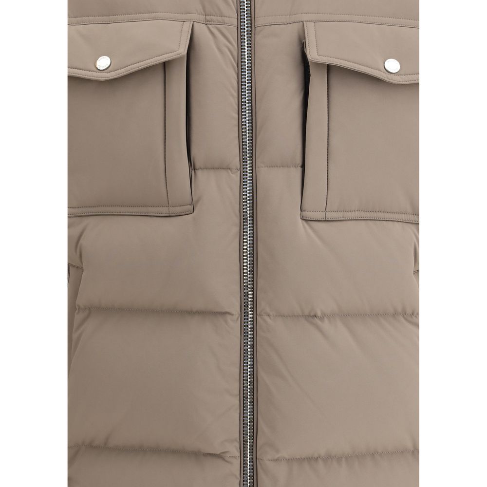 Close-up of MooRER Beige Alarick Padded Down Jacket detailing flap pockets and zipper, showcasing high-quality craftsmanship and design.