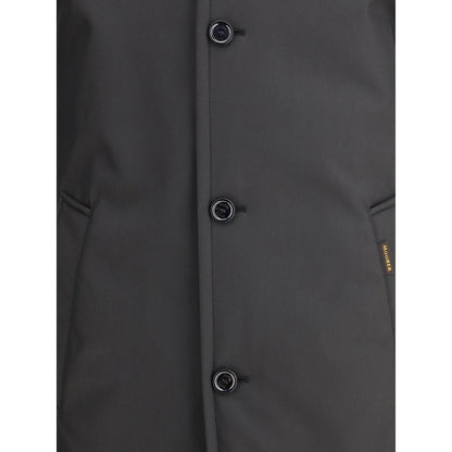 MooRER Black Polyester Coat with horn buttons and side pockets, made from windproof and water-repellent fabric for lightweight warmth.