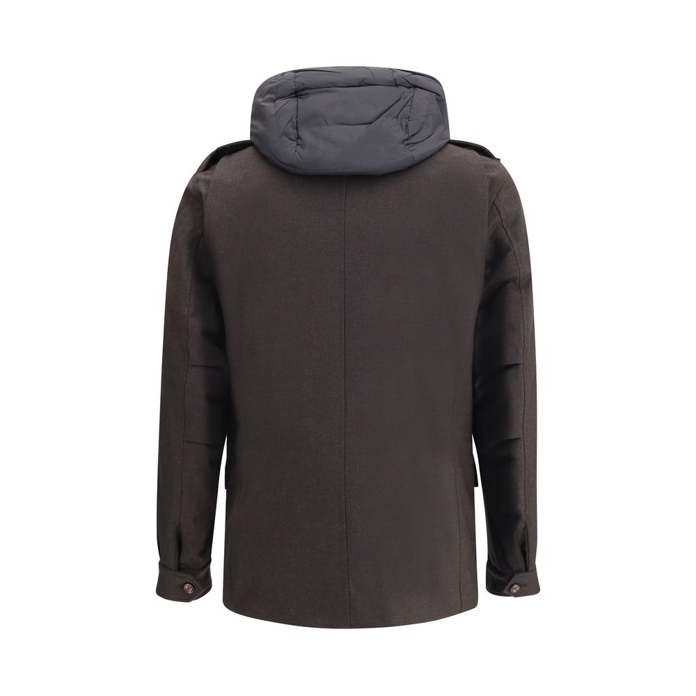 Back view of MooRER Brown Fleece Wool Coat with hood and detailed stitching, showcasing luxury outerwear craftsmanship and design.