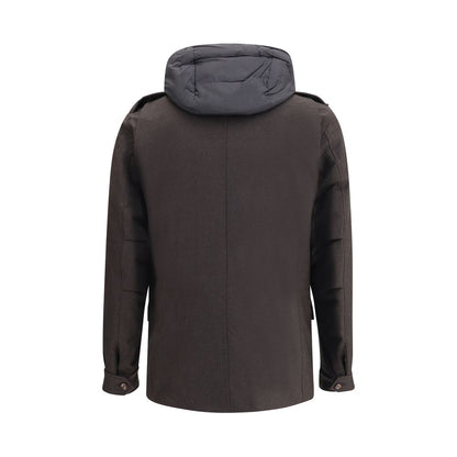 Back view of MooRER Brown Fleece Wool Coat with hood and detailed stitching, showcasing luxury outerwear craftsmanship and design.