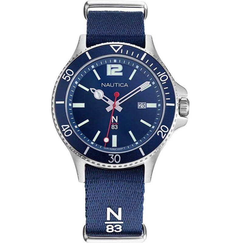NAUTICA Mod. NAPABS904 with blue dial and nylon strap, gent's quartz analog watch, 5 ATM water resistant, 43 mm case, in official box