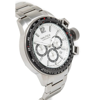 NAUTICA Mod. NAPBFCF04 quartz analog watch with multifunction design, 47mm case, mineral dial, and official bracelet packaging, water resistant 10 ATM.