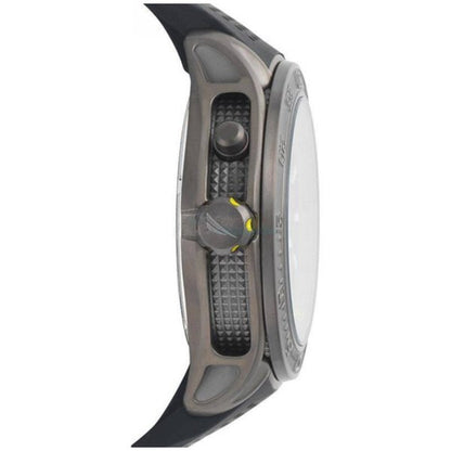 Side view of NAUTICA Mod. NAPBRW003 watch featuring quartz movement, mineral dial, 44mm case, 20 ATM water resistance, official packaging.