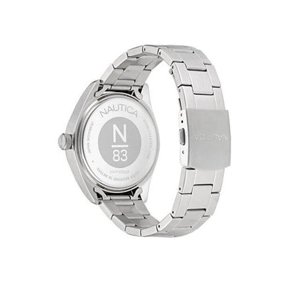 NAUTICA Mod. NAPFWS307 men's quartz analog watch with stainless steel bracelet and 5 ATM water resistance, shown in official packaging.