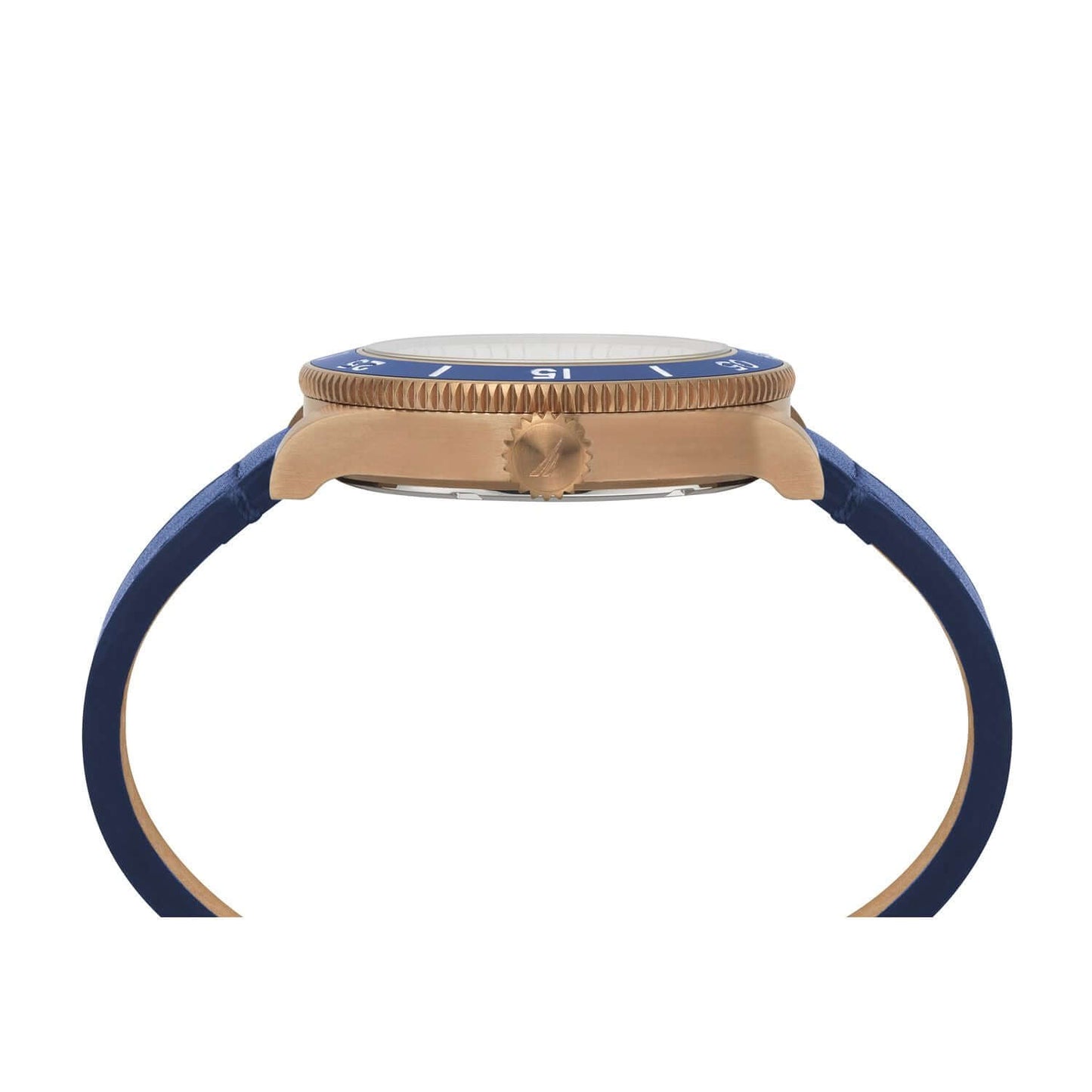 Side view of NAUTICA Mod. NAPHST003 watch, featuring a 44mm case, quartz analog movement, and blue strap, in official packaging.