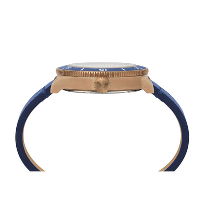 Side view of NAUTICA Mod. NAPHST003 watch, featuring a 44mm case, quartz analog movement, and blue strap, in official packaging.