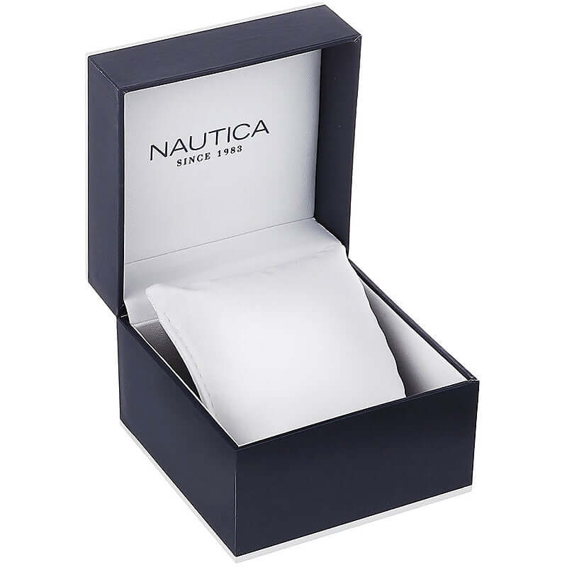 NAUTICA Mod. NAPHST003 official packaging box with pillow cushion for gent quartz analog watch, perfect for gifting or storage.