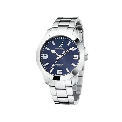 NAUTICA Mod. NAPPBF201 men's bracelet watch with quartz analog movement, 42mm case, and 10 ATM water resistance.