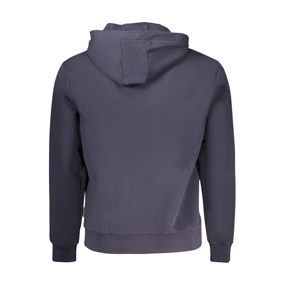 Back view of Napapijri Blue Organic Cotton Men Sweater showcasing hoodie and relaxed fit design