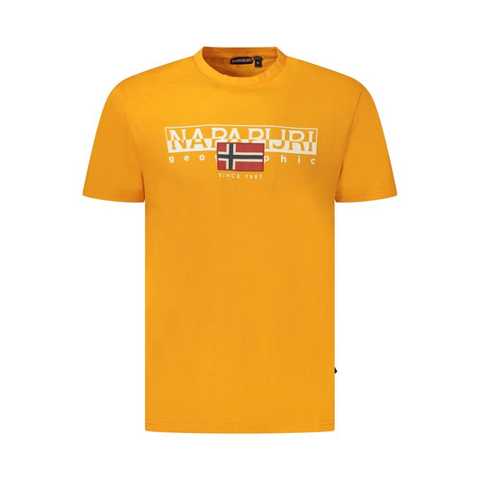 Napapijri Orange Organic Cotton Men T-Shirt with logo, vibrant crew neck, 100% organic fabric, sustainable fashion.