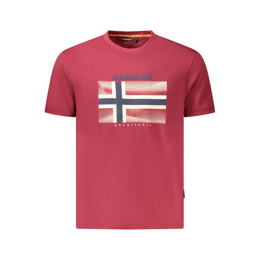 Napapijri Red Cotton Men T-Shirt with flag print and logo, made from 100% organic cotton, displayed front view.