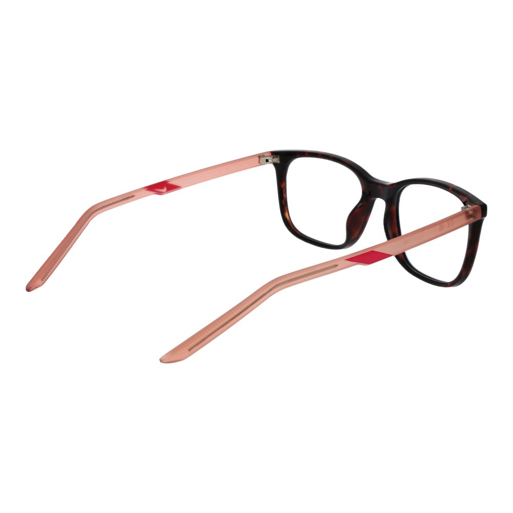 Nike Green Women Glasses Frame with brown full-rim stainless steel design, demo plastic lenses, rectangle shape.