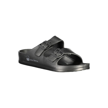 Norway 1963 Black Plastic Men Sandal with two adjustable buckles and logo, showcasing stylish design and comfort for a trend-forward look.