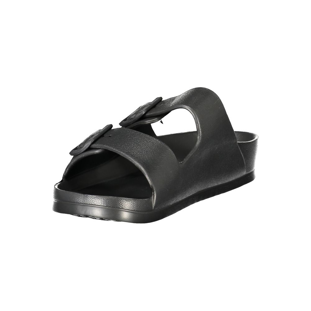 Norway 1963 Black Plastic Men Sandal with adjustable buckles and iconic logo, showcasing stylish black sliders for trend-forward comfort.