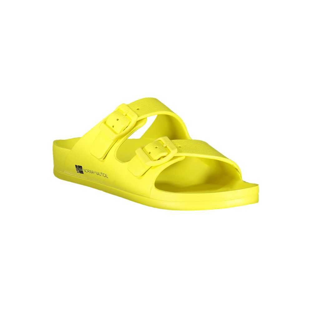 Norway 1963 Yellow Plastic Women Sandal with bold buckles and logo, offering a retro-modern flair in durable material. Fashion-forward choice.