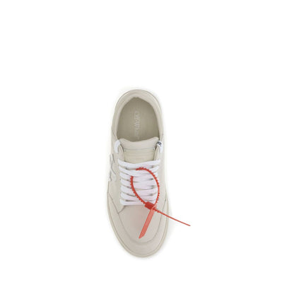 Top view of Off-White Beige Leather Low Top Sneakers with signature Arrow motif and red Zip Tie tag.
