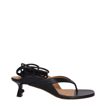 Alt Tag: Off-White Black Leather Flip-Flop Sandals with self-tie closure, mid heels, open toe, leather sole, heel height 5.5 cm.