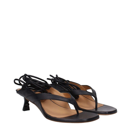 Off-White Black Leather Flip-Flop Sandals with mid heels and self tie closure, featuring open toe design and leather sole.