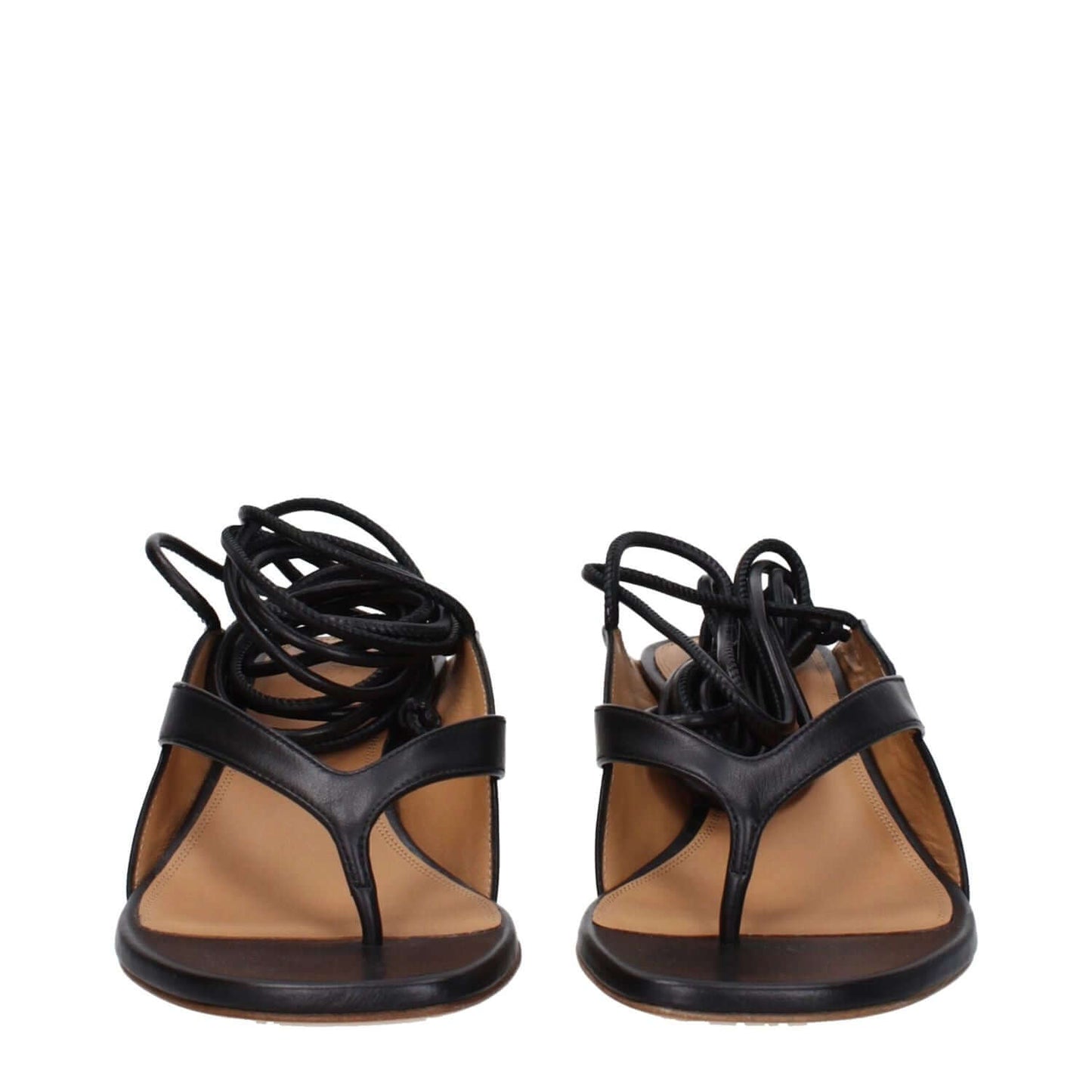 Off-White Black Leather Flip-Flop Sandals with self tie closure and open toe design, featuring mid heels and leather sole.