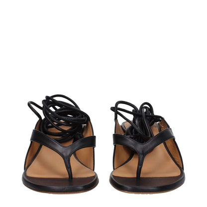 Off-White Black Leather Flip-Flop Sandals with self tie closure and open toe design, featuring mid heels and leather sole.