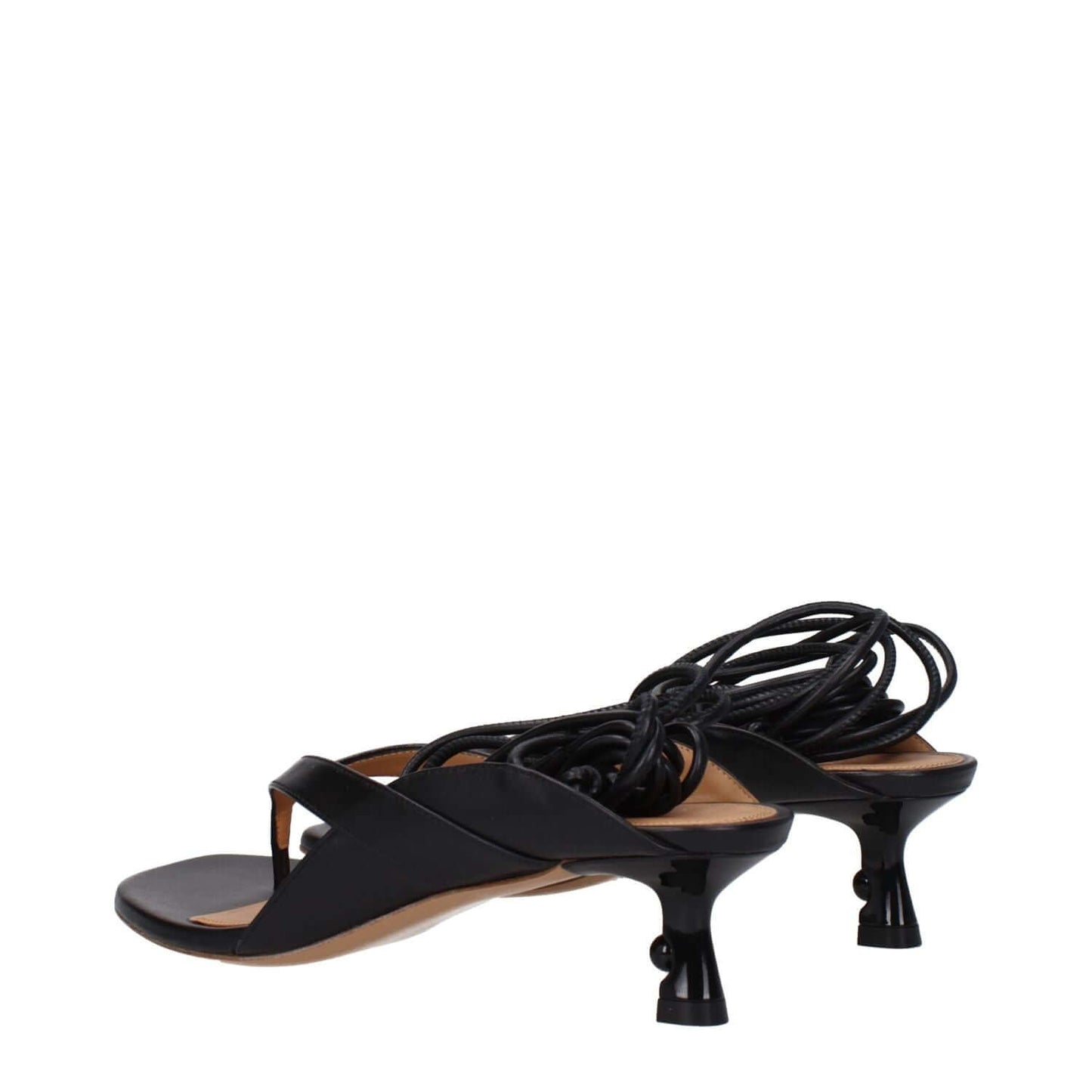 Off-White Black Leather Flip-Flop Sandals with self tie closure, open toe, and mid heels, showing side view and heel details.